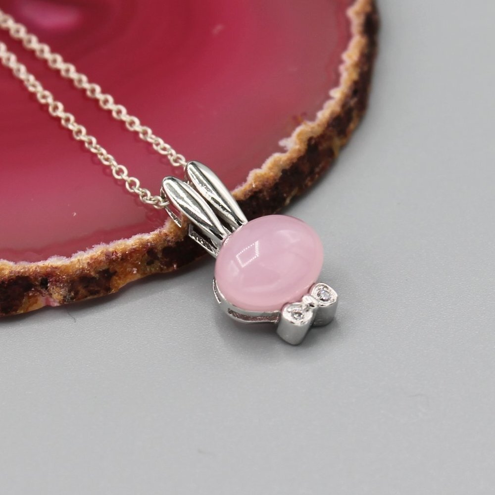 Bunny rabbit pink quartz silver tone necklace
